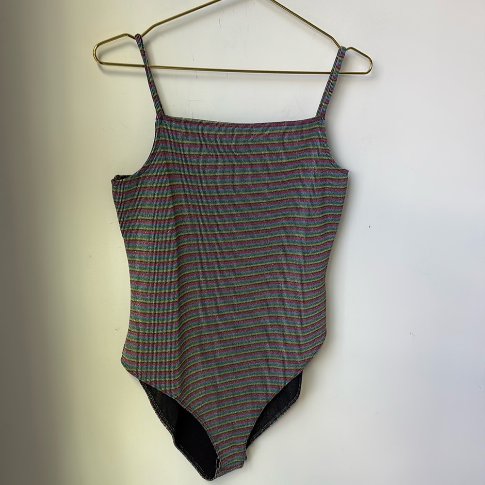 NWT Topshop Striped Metallic Stretch Bodysuit Multi Color Snap Bottom Size 12